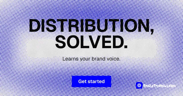 Social ad for BuzzBomb: "Distribution, solved." Swiss style, centred layout, light palette in blue, white.