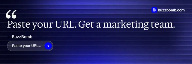 X header for BuzzBomb: "Get a marketing team." Agentic glass style, quote layout, dark palette in blue, black.