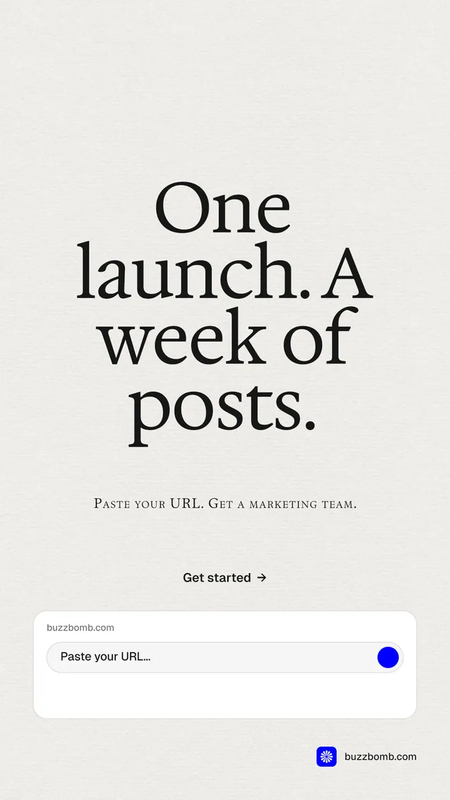 Instagram story for BuzzBomb: "One launch. A week of posts." Swiss style, smallcaps layout, light palette in white.