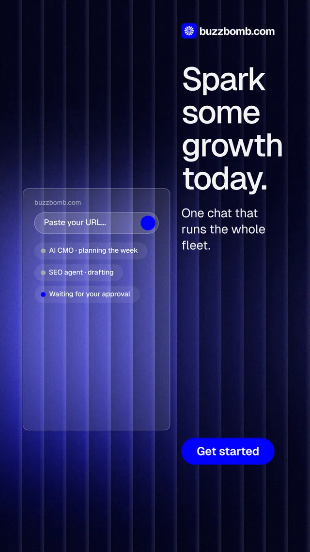 Instagram story for BuzzBomb: "Spark some growth today." Agentic glass style, skeleton layout, dark palette in black, blue.