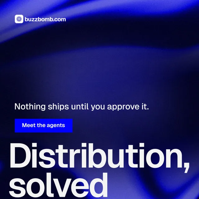 Instagram post for BuzzBomb: "Get a marketing team." Swiss style, oversized layout, dark palette in black, blue.