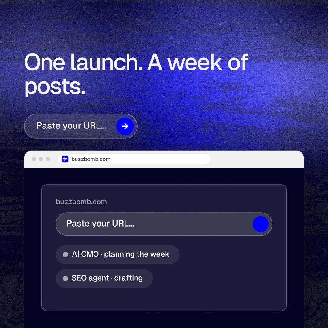 Instagram post for BuzzBomb: "One launch. A week of posts." Agentic glass style, browser layout, dark palette in blue, black.