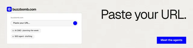 LinkedIn banner for BuzzBomb: "Paste your URL." Swiss style, right layout, light palette in white, blue.