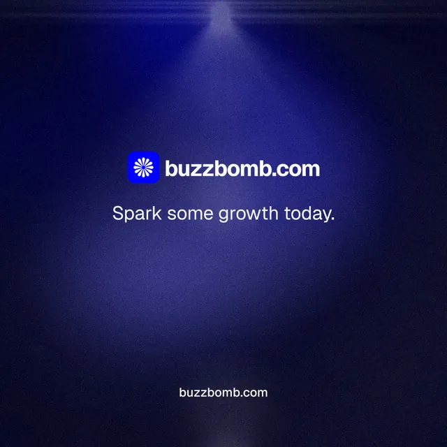 Instagram post for BuzzBomb: "Spark some growth today." Minimal luxury style, end card layout, dark palette in black, blue.