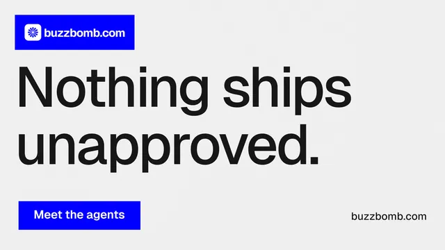 Landscape graphic for BuzzBomb: "Nothing ships unapproved." Swiss style, poster layout, light palette in white, blue, grey.