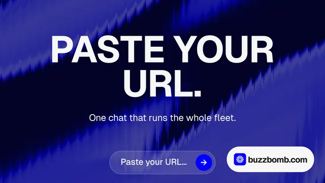 Landscape graphic for BuzzBomb: "Paste your URL." Agentic glass style, centred layout, dark palette in blue, black, grey.