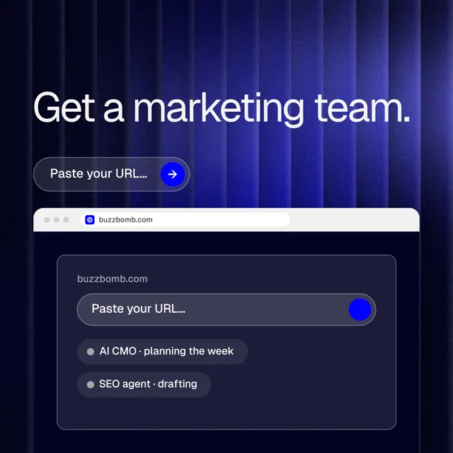 Instagram post for BuzzBomb: "Get a marketing team." Agentic glass style, browser layout, dark palette in black, blue, grey.