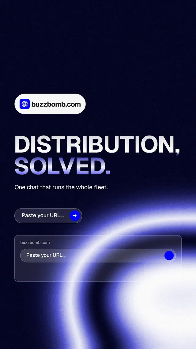 Instagram story for BuzzBomb: "Distribution, solved." Agentic glass style, announce layout, dark palette in black, blue.
