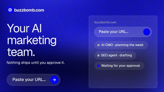 Landscape graphic for BuzzBomb: "Your AI marketing team." Agentic glass style, bottom layout, dark palette in blue.
