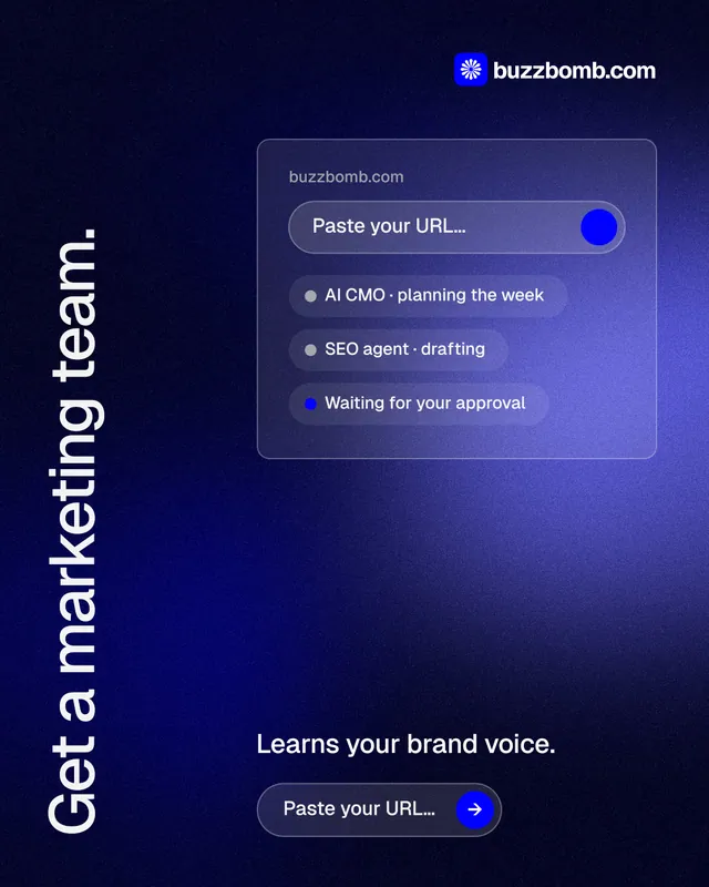 Instagram portrait post for BuzzBomb: "Get a marketing team." Agentic glass style, vertical layout, dark palette in black, blue.