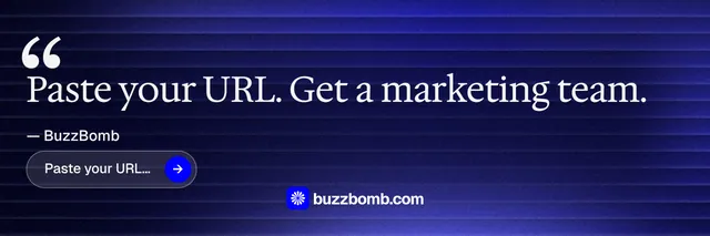 X header for BuzzBomb: "Your AI marketing team." Agentic glass style, quote layout, dark palette in blue, black.