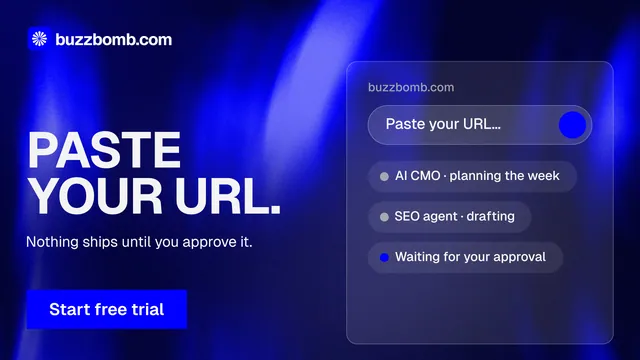 Landscape graphic for BuzzBomb: "Paste your URL." Swiss style, bottom layout, dark palette in blue.