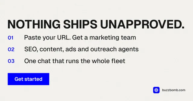 Social ad for BuzzBomb: "Nothing ships unapproved." Swiss style, numbered layout, light palette in white, grey.