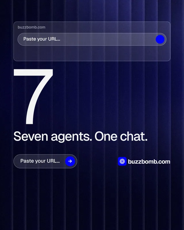 Instagram portrait post for BuzzBomb: "Paste your URL." Agentic glass style, stat layout, dark palette in black, blue, grey.