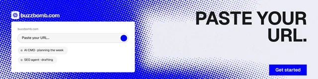 LinkedIn banner for BuzzBomb: "Paste your URL." Swiss style, right layout, light palette in white, blue.