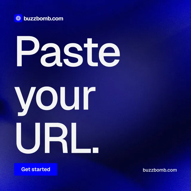 Instagram post for BuzzBomb: "Paste your URL." Swiss style, poster layout, dark palette in blue.