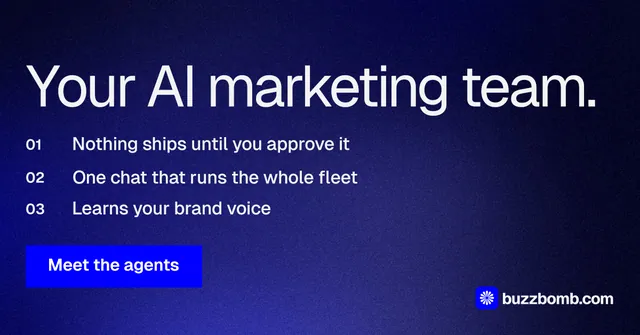 Social ad for BuzzBomb: "Your AI marketing team." Swiss style, numbered layout, dark palette in black, blue.