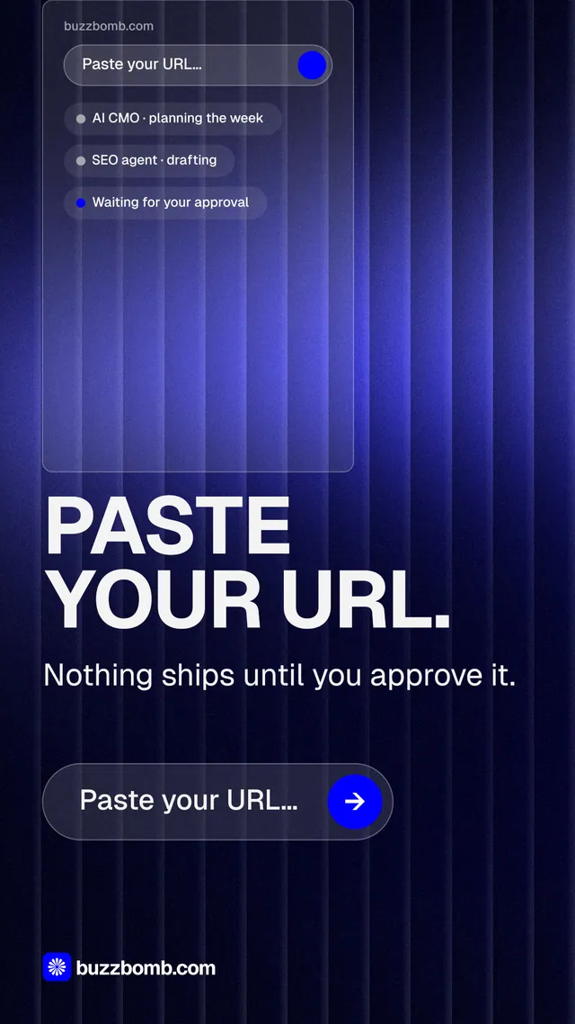 Instagram story for BuzzBomb: "Paste your URL." Agentic glass style, skeleton layout, dark palette in blue, black.