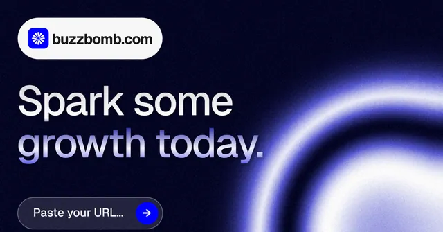 Social ad for BuzzBomb: "Spark some growth today." Agentic glass style, announce layout, dark palette in black, blue.