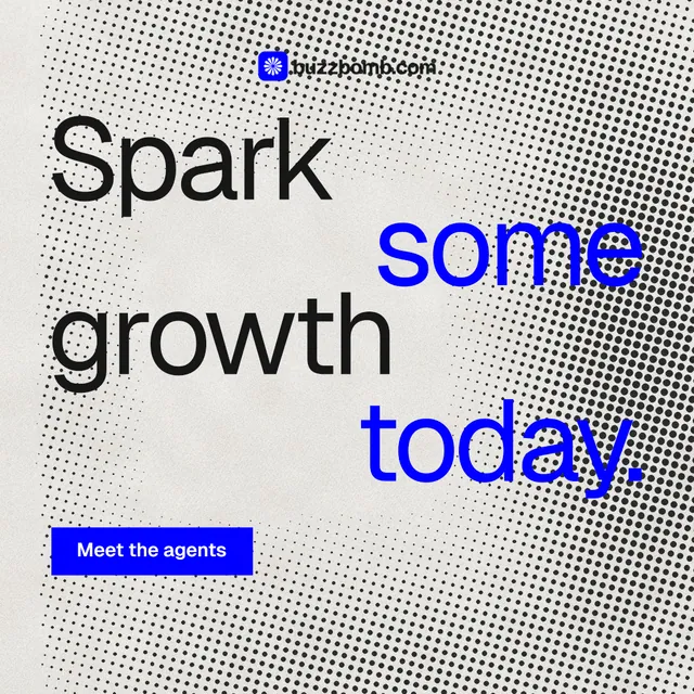 Instagram post for BuzzBomb: "Spark some growth today." Swiss style, stacked layout, light palette in grey, white, blue.
