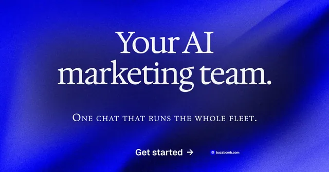 Social ad for BuzzBomb: "Your AI marketing team." Agentic glass style, smallcaps layout, dark palette in blue.