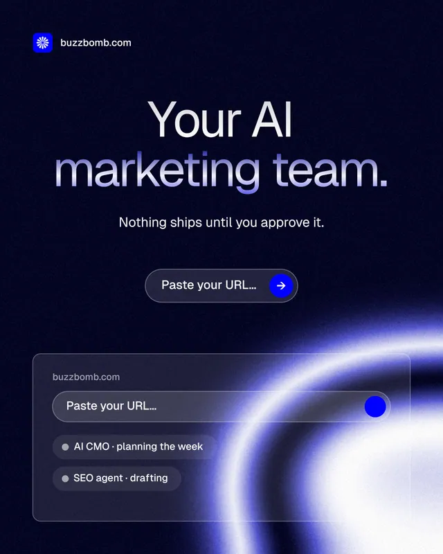 Instagram portrait post for BuzzBomb: "Your AI marketing team." Agentic glass style, centred layout, dark palette in black, blue.