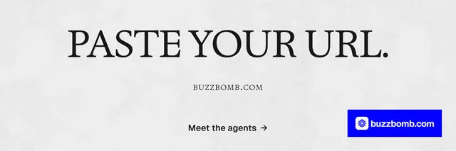 X header for BuzzBomb: "Paste your URL." Swiss style, smallcaps layout, light palette in white, blue.