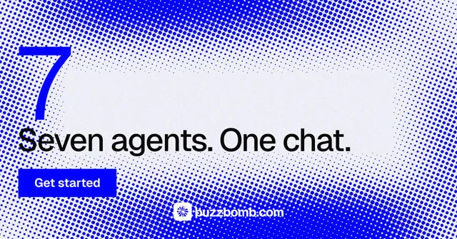 Social ad for BuzzBomb: "Your AI marketing team." Split block style, stat layout, light palette in white, blue.