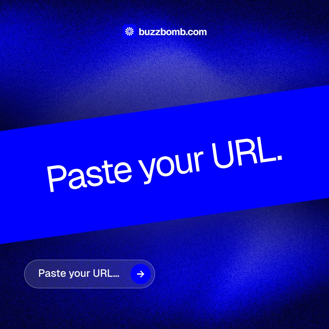 Instagram post for BuzzBomb: "Paste your URL." Agentic glass style, diagonal layout, dark palette in blue.