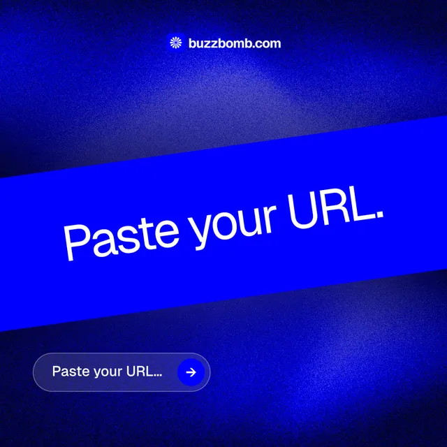 Instagram post for BuzzBomb: "Paste your URL." Agentic glass style, diagonal layout, dark palette in blue.