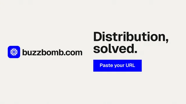 Landscape graphic for BuzzBomb: "Distribution, solved." Swiss style, logo hero layout, light palette in white, blue.