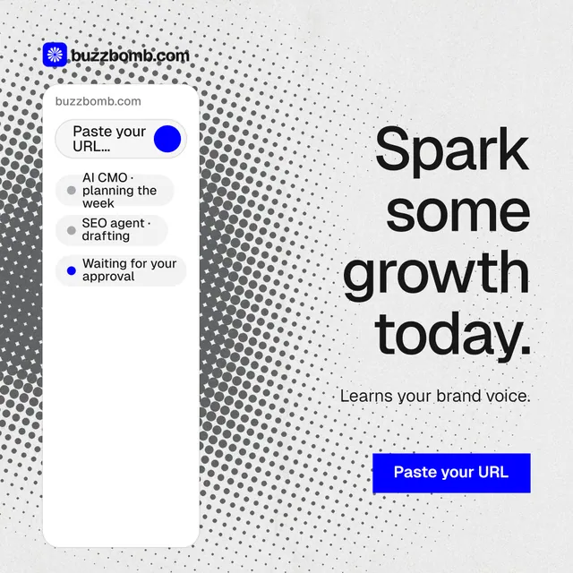 Instagram post for BuzzBomb: "Spark some growth today." Split block style, right layout, light palette in white, grey.
