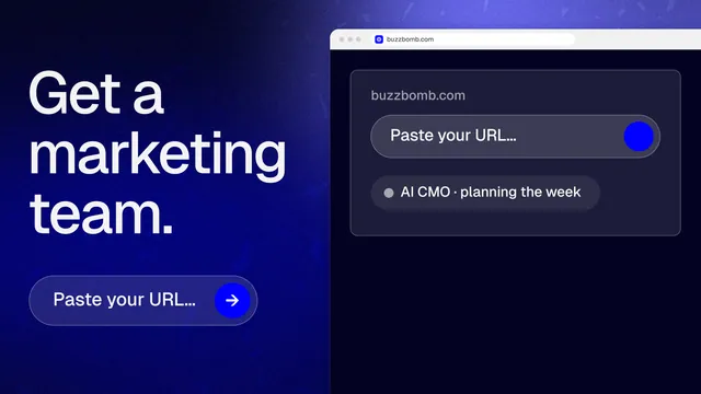 Landscape graphic for BuzzBomb: "Get a marketing team." Agentic glass style, browser layout, dark palette in black, blue.