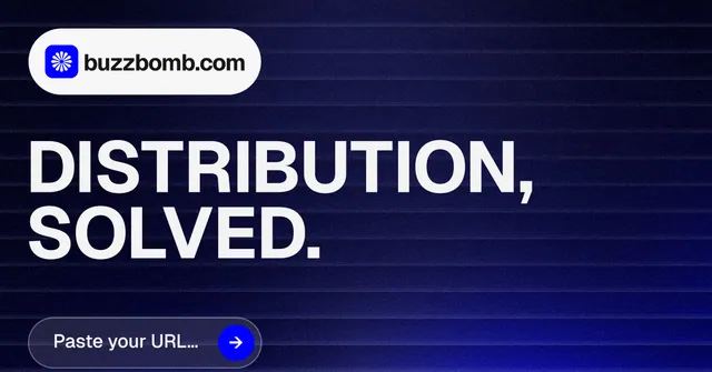 Social ad for BuzzBomb: "Distribution, solved." Agentic glass style, announce layout, dark palette in blue, black, grey.