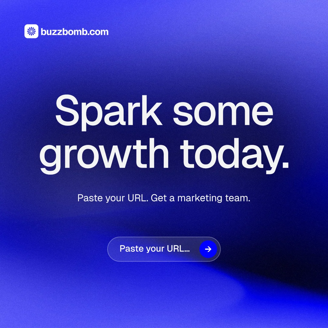 Instagram post for BuzzBomb: "Spark some growth today." Agentic glass style, centred layout, dark palette in blue.