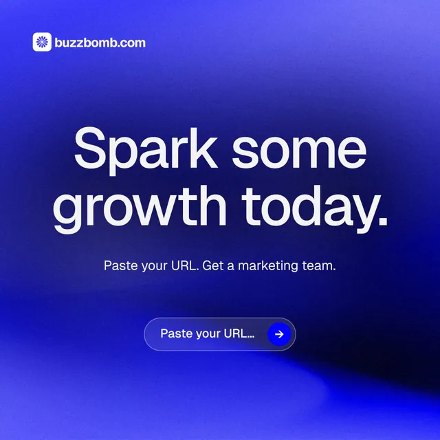 Instagram post for BuzzBomb: "Spark some growth today." Agentic glass style, centred layout, dark palette in blue.