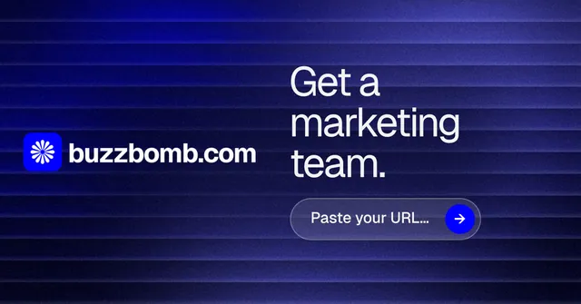 Social ad for BuzzBomb: "Get a marketing team." Agentic glass style, logo hero layout, dark palette in blue.