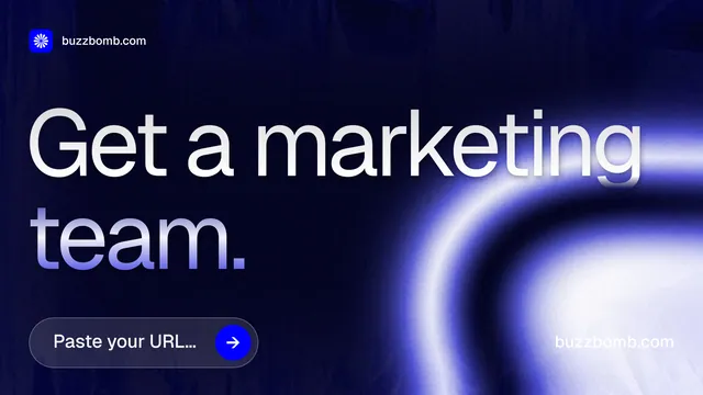 Landscape graphic for BuzzBomb: "Get a marketing team." Agentic glass style, poster layout, dark palette in black, blue.