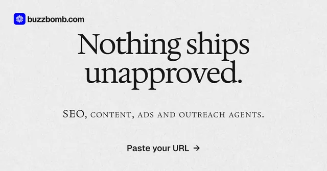 Social ad for BuzzBomb: "Nothing ships unapproved." Swiss style, smallcaps layout, light palette in white, grey.
