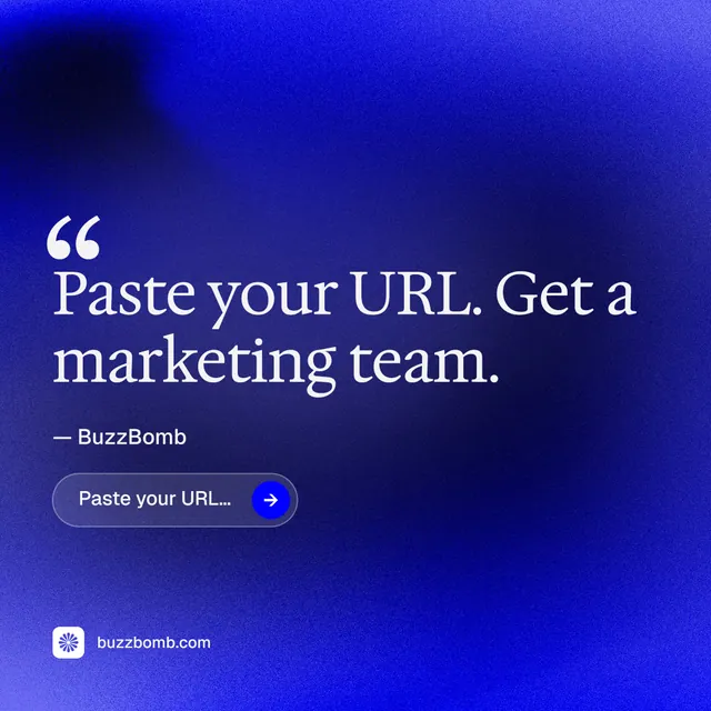 Instagram post for BuzzBomb: "Get a marketing team." Agentic glass style, quote layout, dark palette in blue.