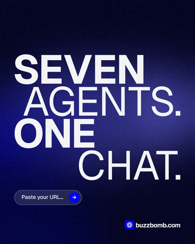 Instagram portrait post for BuzzBomb: "Seven agents. One chat." Agentic glass style, stacked layout, dark palette in black, blue, white.