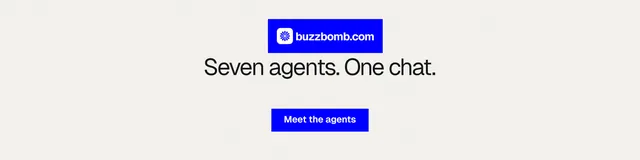 LinkedIn banner for BuzzBomb: "Seven agents. One chat." Swiss style, centred layout, light palette in white, blue.