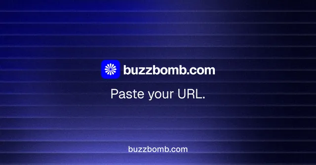 Social ad for BuzzBomb: "Paste your URL." Agentic glass style, end card layout, dark palette in blue, black.