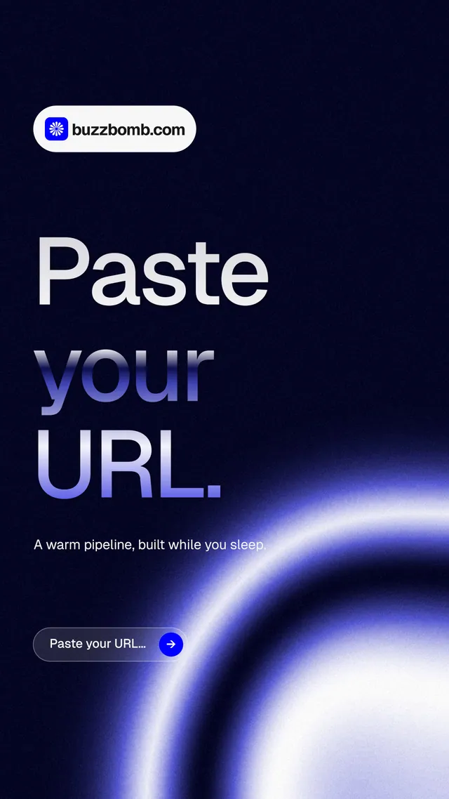 Instagram story for BuzzBomb: "Paste your URL." Agentic glass style, announce layout, dark palette in black, blue.