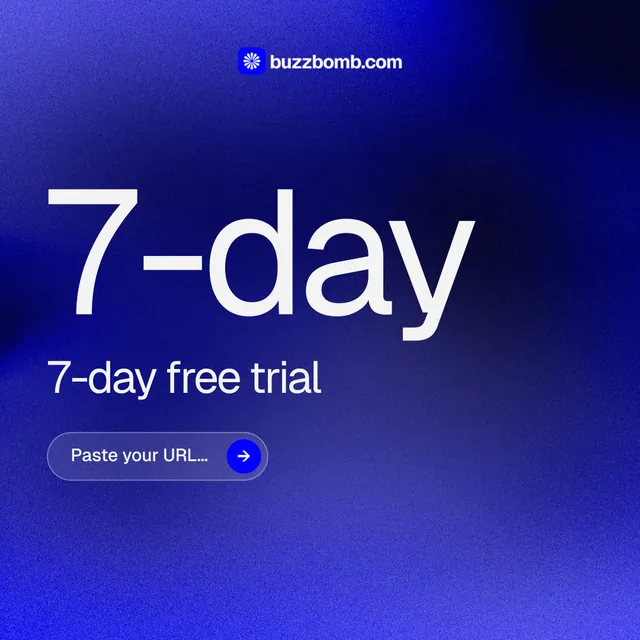 Instagram post for BuzzBomb: "Get a marketing team." Agentic glass style, stat layout, dark palette in blue.