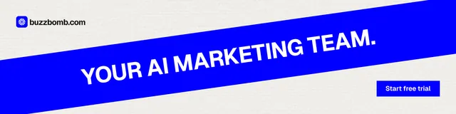LinkedIn banner for BuzzBomb: "Your AI marketing team." Swiss style, diagonal layout, light palette in blue, white.