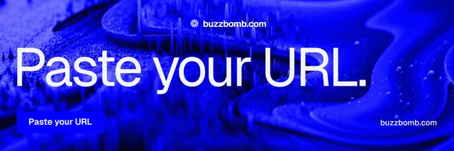 X header for BuzzBomb: "Paste your URL." Swiss style, poster layout, dark palette in blue.