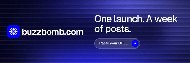 X header for BuzzBomb: "One launch. A week of posts." Agentic glass style, logo hero layout, dark palette in blue, black.