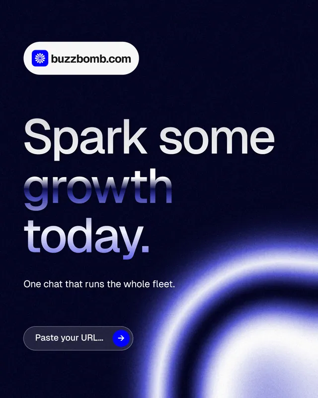 Instagram portrait post for BuzzBomb: "Spark some growth today." Agentic glass style, announce layout, dark palette in black, blue.