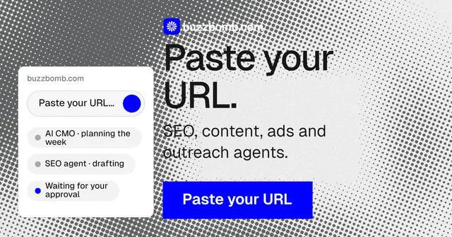 Social ad for BuzzBomb: "Paste your URL." Split block style, skeleton layout, light palette in white, blue, grey.